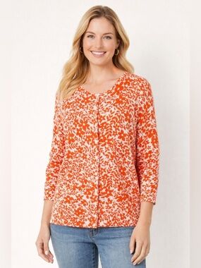 L.L. Bean Orange Floral Cardigan Sweater 100% Cotton Button Front Size Medium